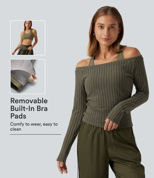 2-Piece Set Off-Shoulder Ribbed Long Sleeve Lounge Top with Built-in Bra — Moss Green Floral Velvet — view 1