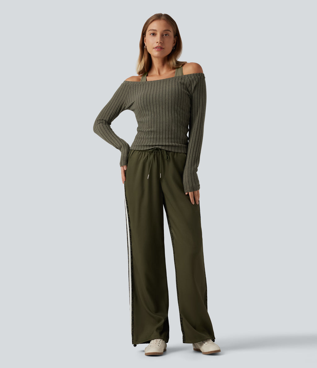 2-Piece Set Off-Shoulder Ribbed Long Sleeve Lounge Top with Built-in Bra — Moss Green Floral Velvet — view 7