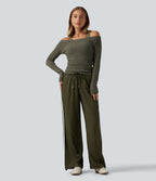 2-Piece Set Off-Shoulder Ribbed Long Sleeve Lounge Top with Built-in Bra — Moss Green Floral Velvet — view 7