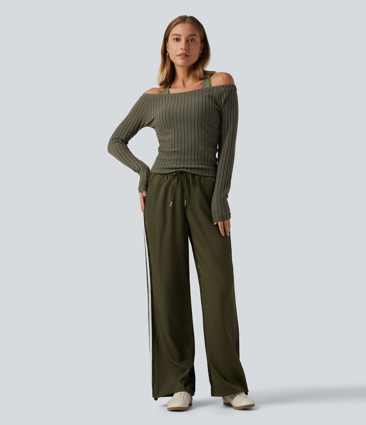 2-Piece Set Off-Shoulder Ribbed Long Sleeve Lounge Top with Built-in Bra — Moss Green Floral Velvet — view 7