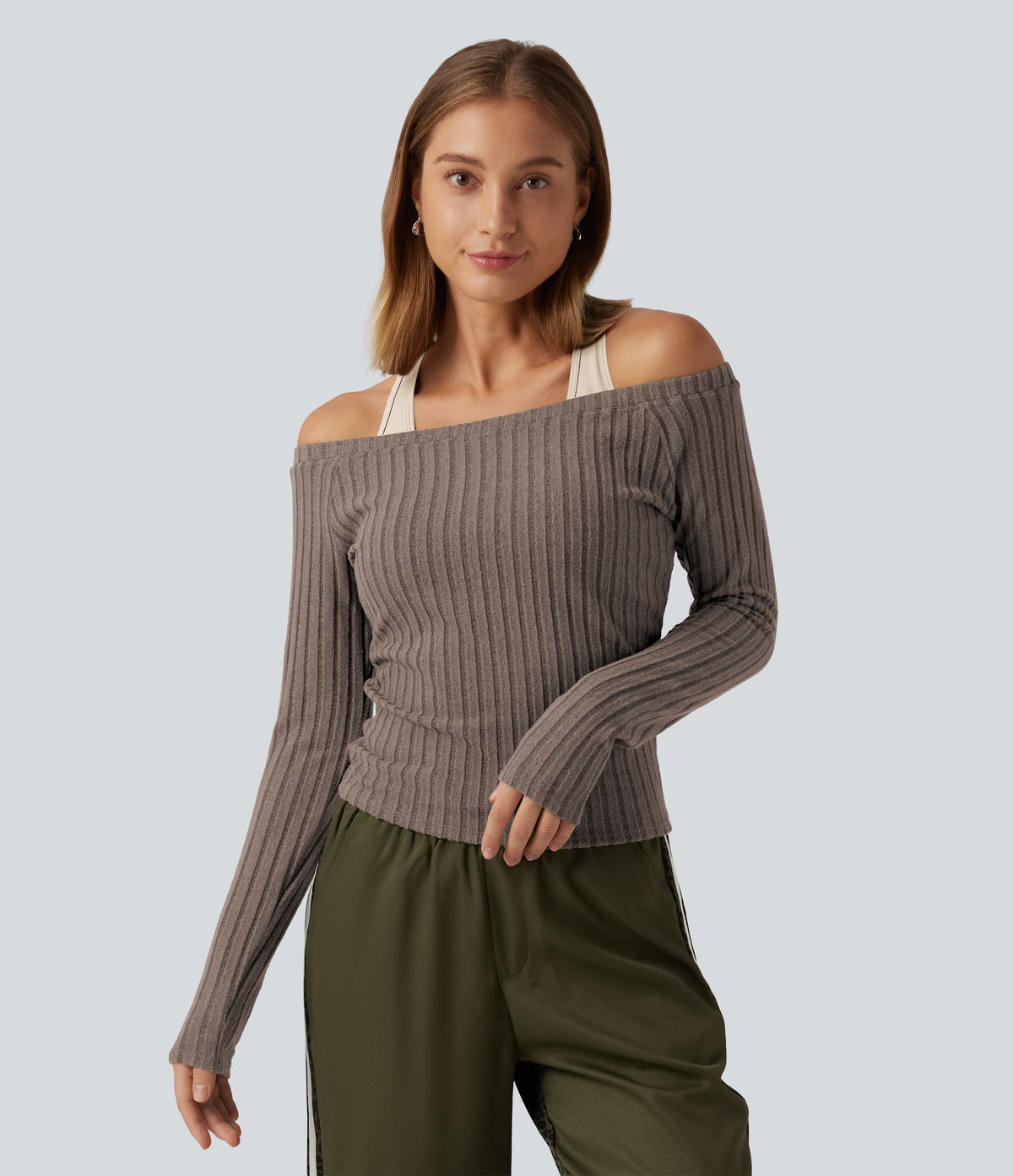 2-Piece Set Off-Shoulder Ribbed Long Sleeve Lounge Top with Built-in Bra — Mottled Wood Brown — view 9
