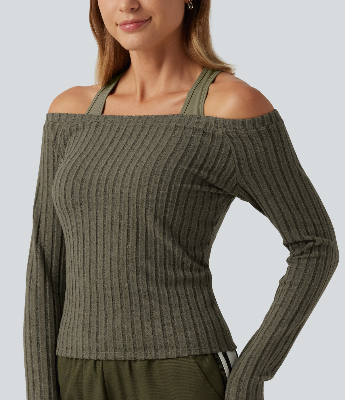 2-Piece Set Off-Shoulder Ribbed Long Sleeve Lounge Top with Built-in Bra — Moss Green Floral Velvet — view 5