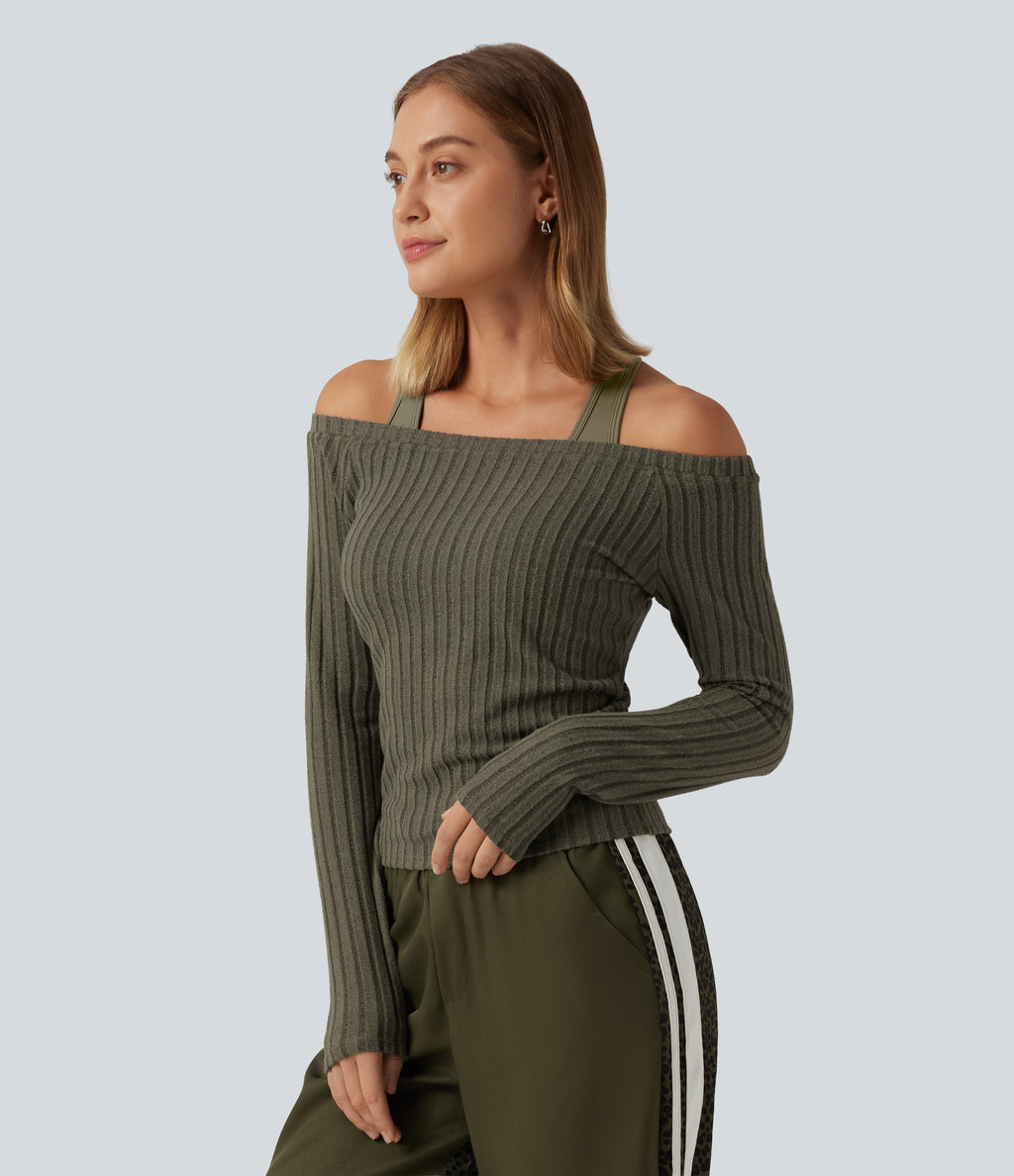 2-Piece Set Off-Shoulder Ribbed Long Sleeve Lounge Top with Built-in Bra — Moss Green Floral Velvet — view 3