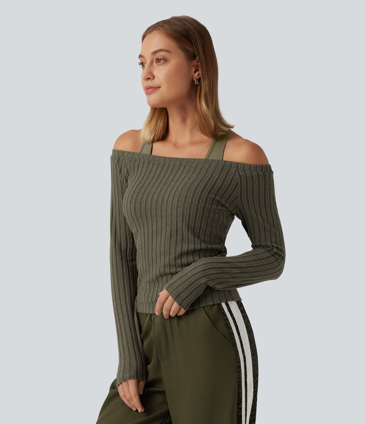 2-Piece Set Off-Shoulder Ribbed Long Sleeve Lounge Top with Built-in Bra — Moss Green Floral Velvet — view 3