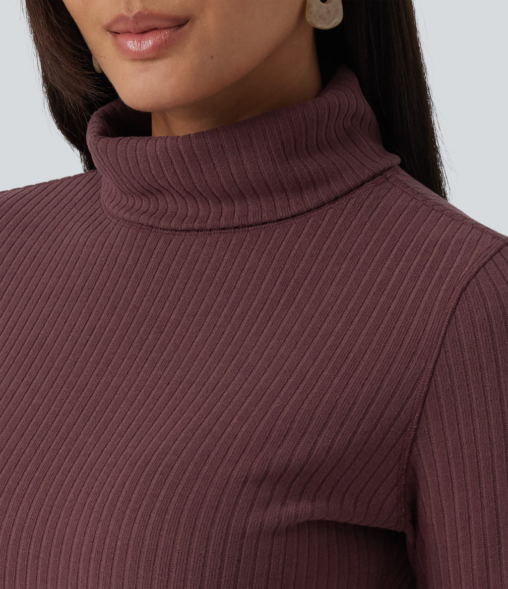 Ribbed Knit High Neck Long Sleeve Slim Casual Top — Red Mahogany — view 5