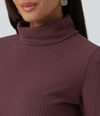Ribbed Knit High Neck Long Sleeve Slim Casual Top — Red Mahogany — view 5