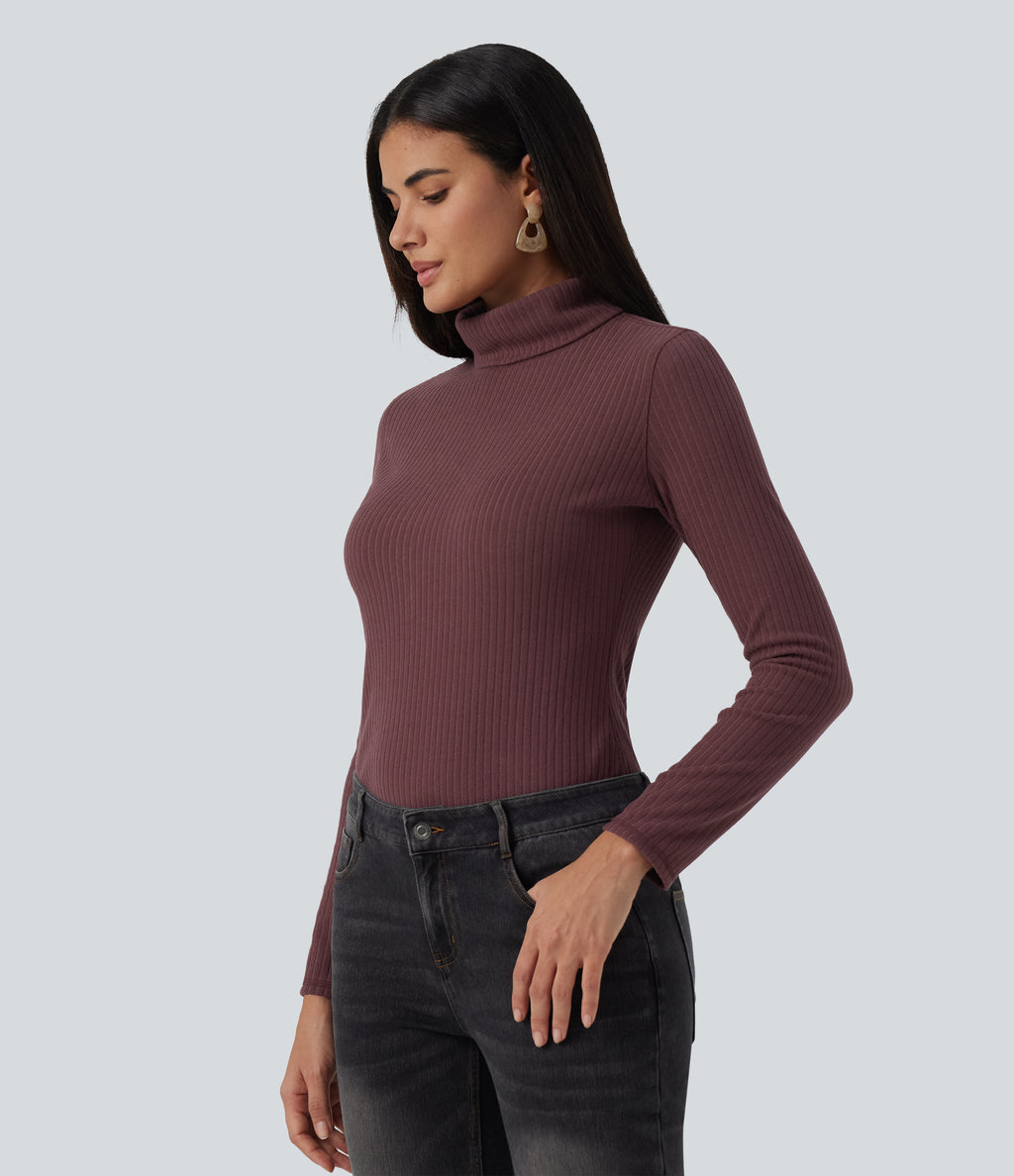 Ribbed Knit High Neck Long Sleeve Slim Casual Top — Red Mahogany — view 3