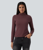 Ribbed Knit High Neck Long Sleeve Slim Casual Top — Red Mahogany — view 4
