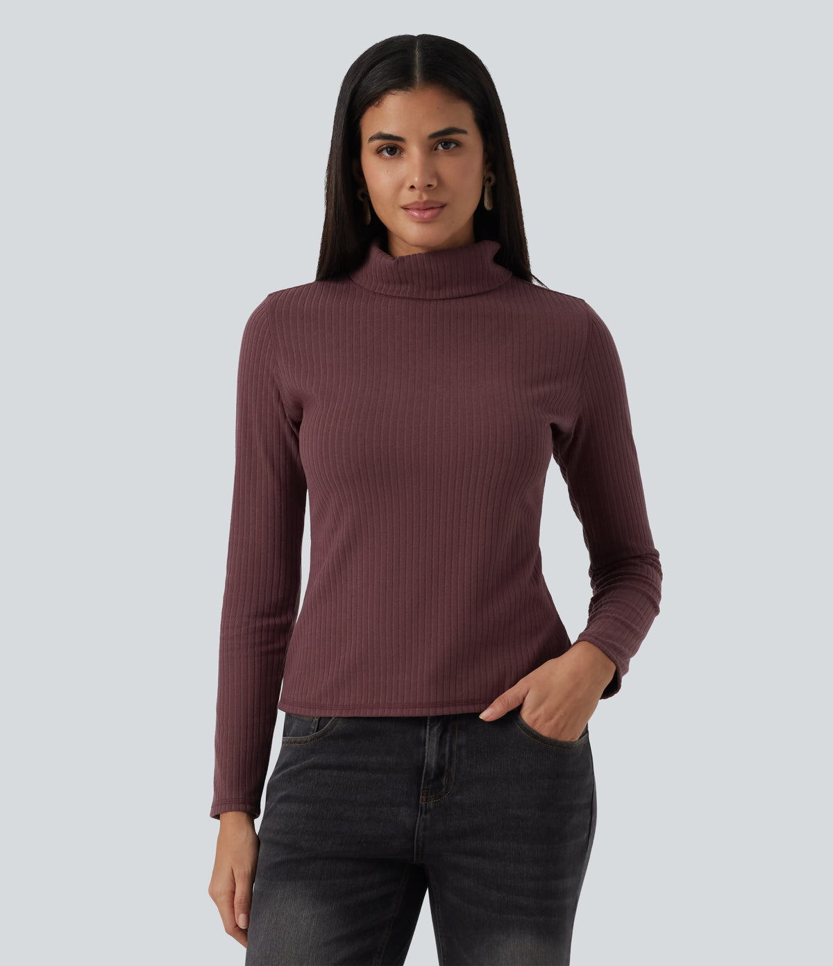 Ribbed Knit High Neck Long Sleeve Slim Casual Top — Red Mahogany — view 4