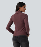 Ribbed Knit High Neck Long Sleeve Slim Casual Top — Red Mahogany — view 2
