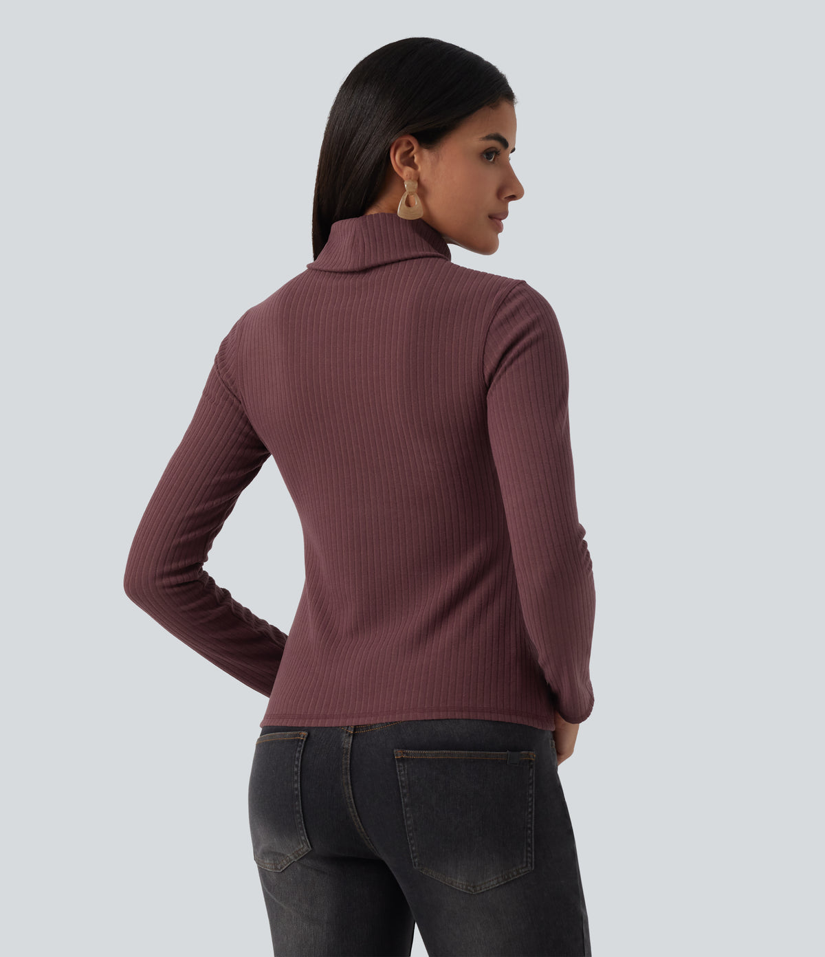 Ribbed Knit High Neck Long Sleeve Slim Casual Top — Red Mahogany — view 2