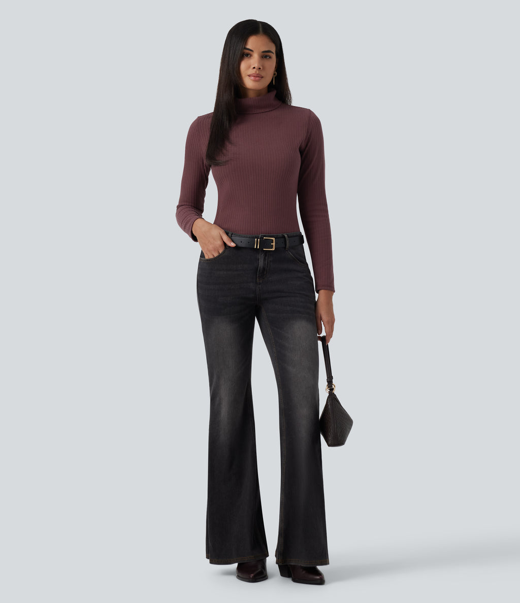 Ribbed Knit High Neck Long Sleeve Slim Casual Top — Red Mahogany — view 6
