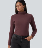Ribbed Knit High Neck Long Sleeve Slim Casual Top — Red Mahogany — view 1