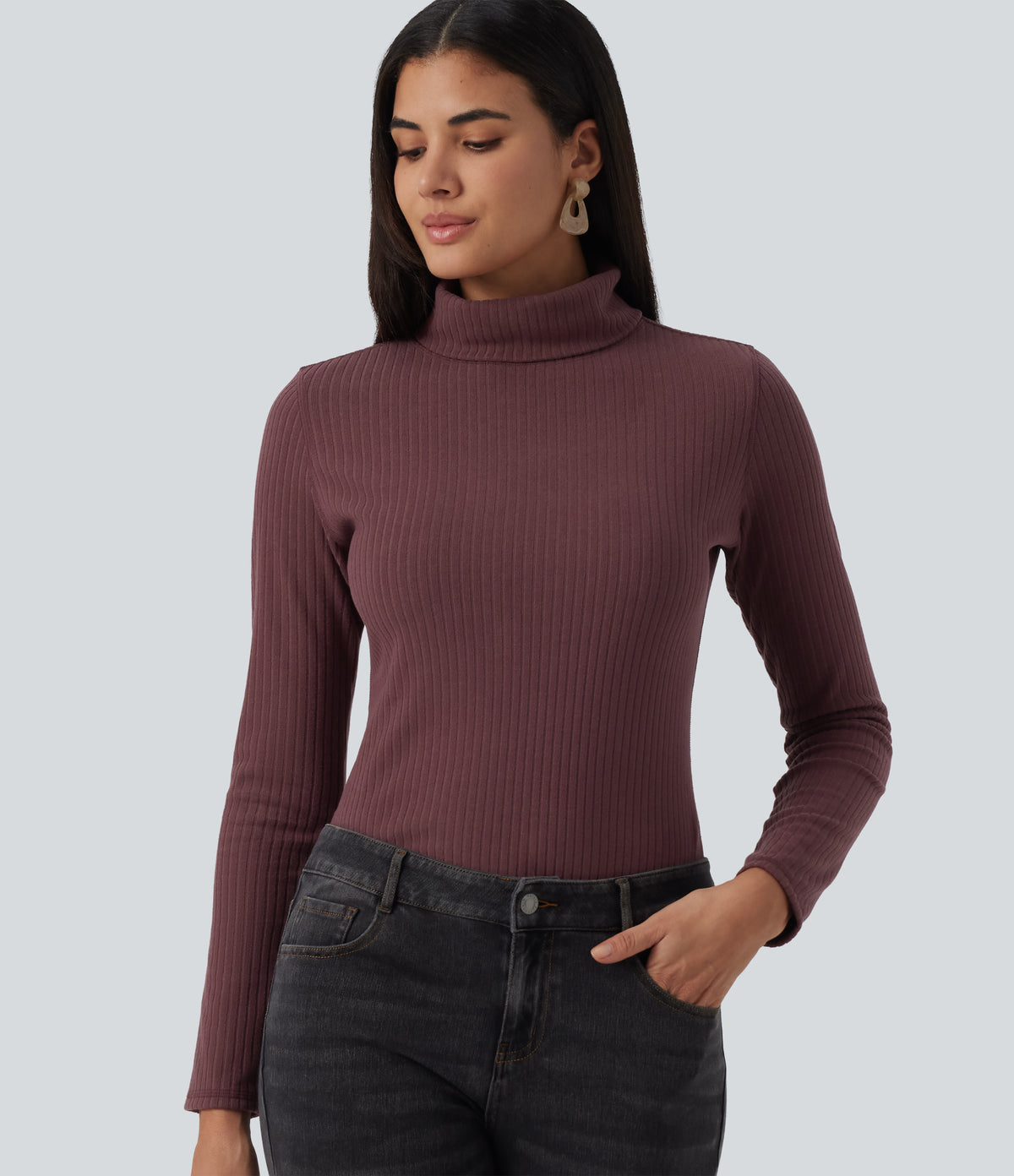 Ribbed Knit High Neck Long Sleeve Slim Casual Top — Red Mahogany — view 1