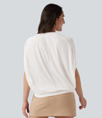 Ribbed Knit Mock Neck Batwing Sleeve Casual Top — Frost White — view 2