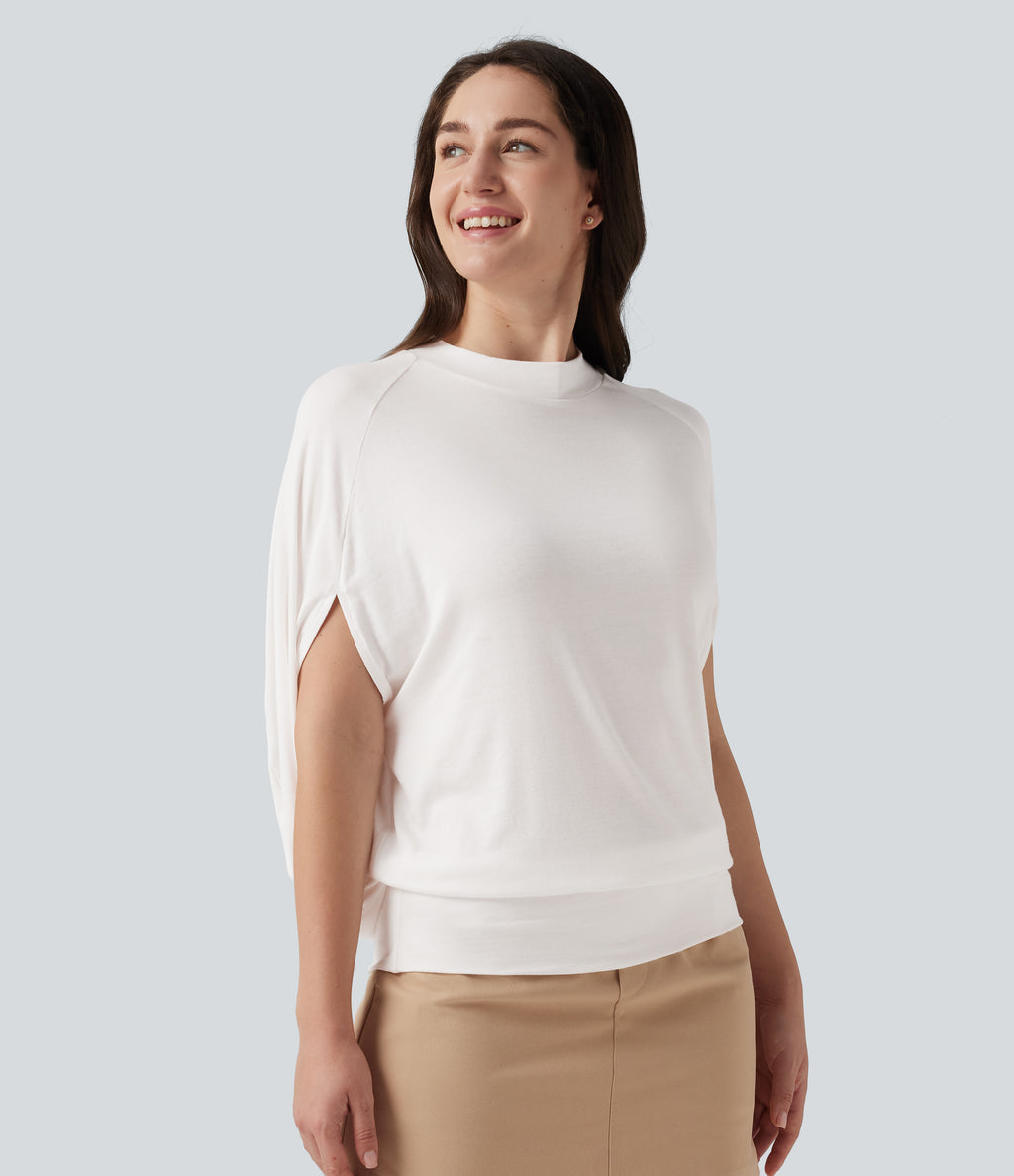Ribbed Knit Mock Neck Batwing Sleeve Casual Top — Frost White — view 3