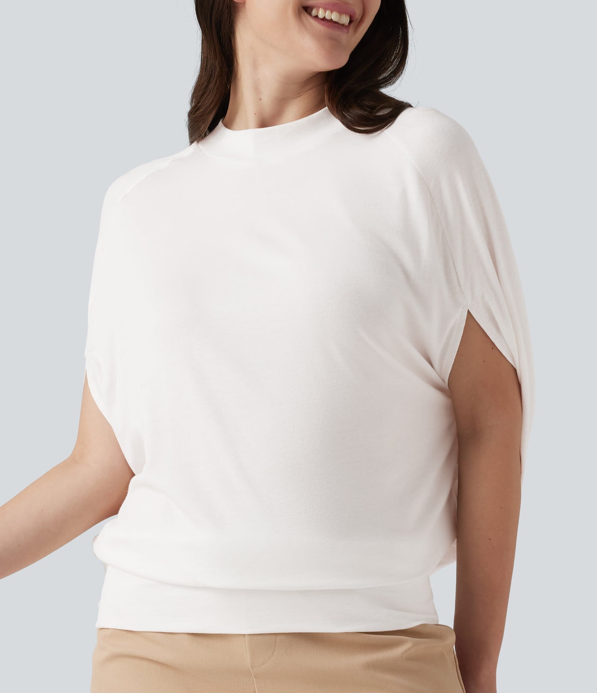 Ribbed Knit Mock Neck Batwing Sleeve Casual Top — Frost White — view 5