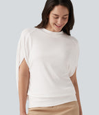 Ribbed Knit Mock Neck Batwing Sleeve Casual Top — Frost White — view 1