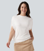 Ribbed Knit Mock Neck Batwing Sleeve Casual Top — Frost White — view 4