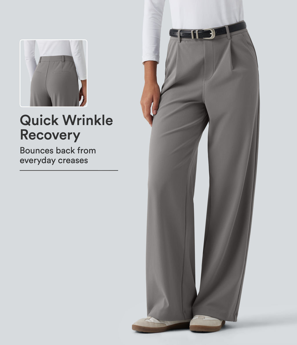 Wrinkle Recovery High Waisted Straight Leg Pleated Work Trousers with Pockets — Silent Storm — view 1