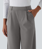 Wrinkle Recovery High Waisted Straight Leg Pleated Work Trousers with Pockets — Silent Storm — view 5