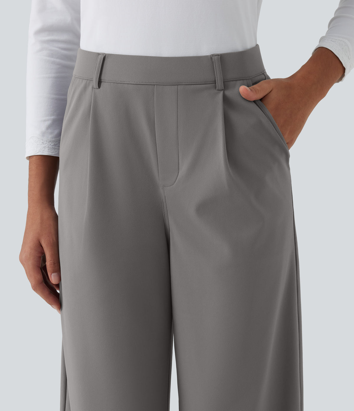 Wrinkle Recovery High Waisted Straight Leg Pleated Work Trousers with Pockets — Silent Storm — view 5