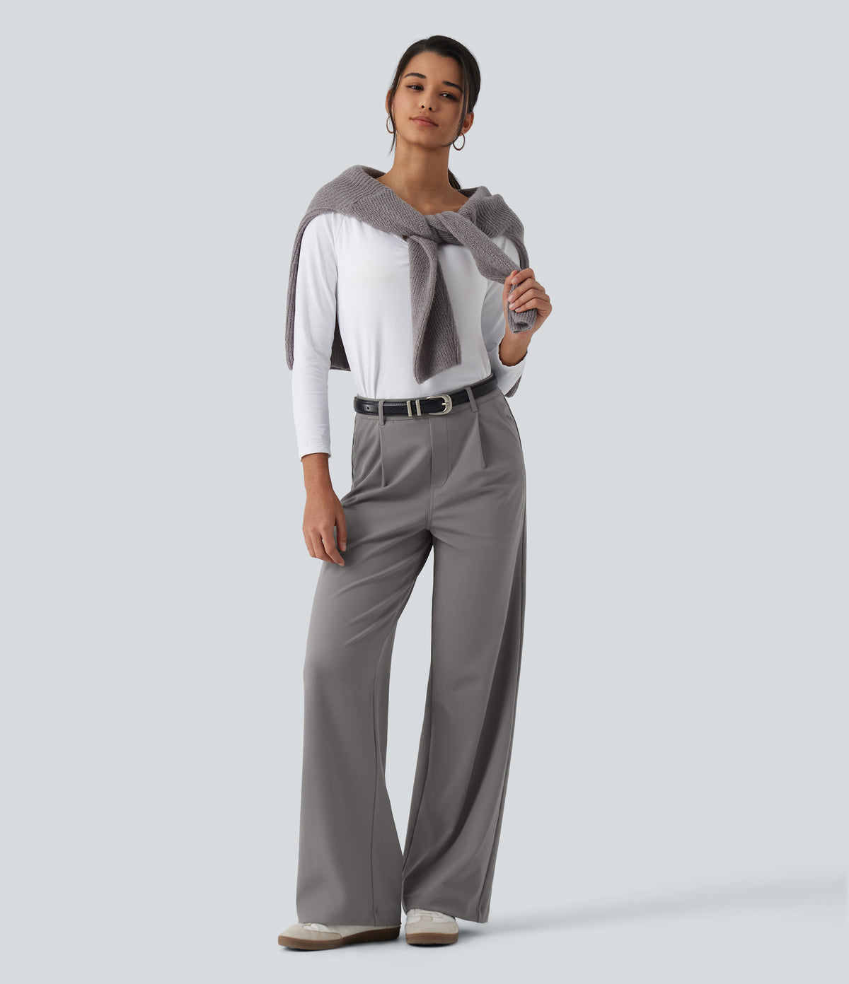 Wrinkle Recovery High Waisted Straight Leg Pleated Work Trousers with Pockets — Silent Storm — view 7