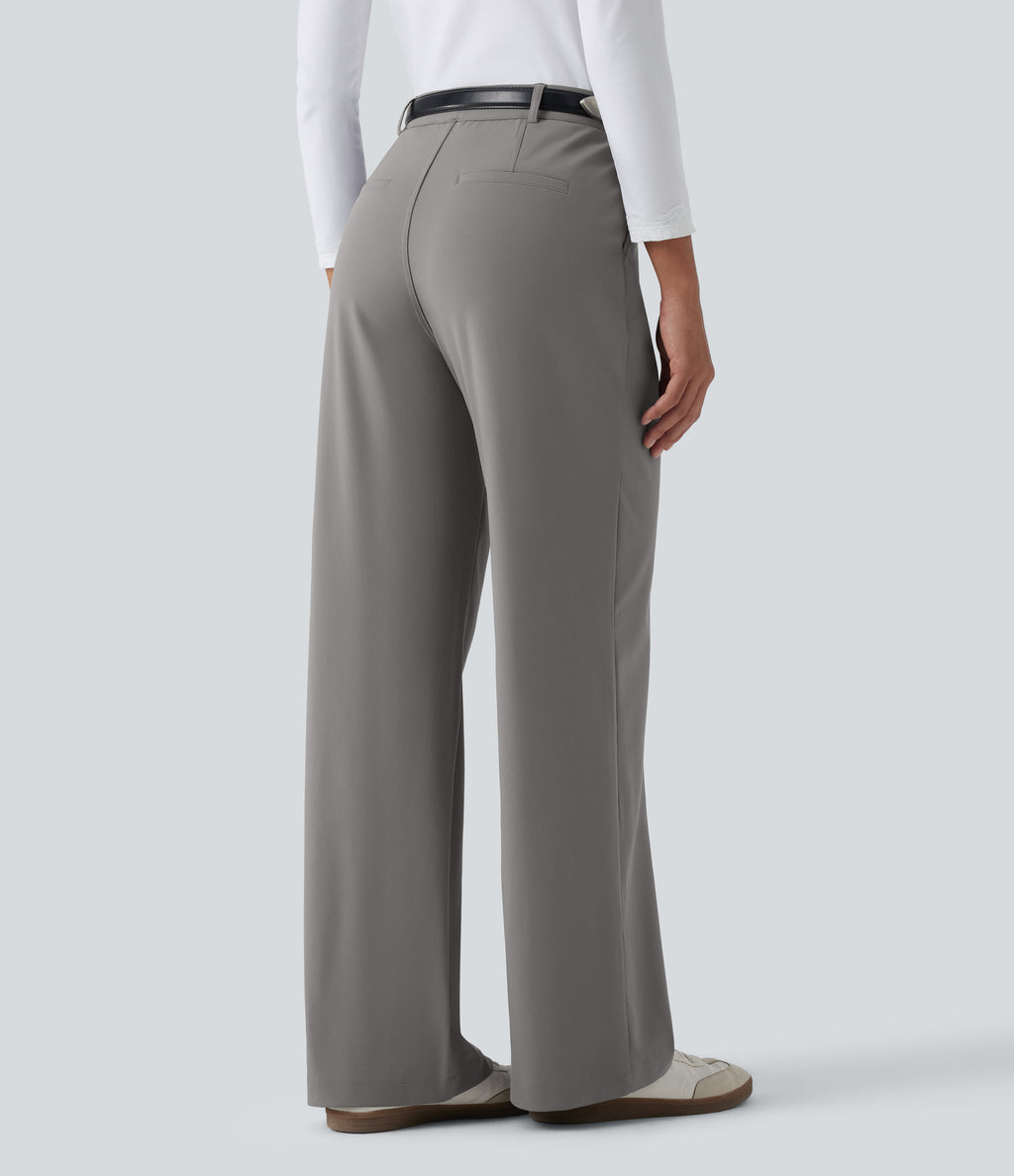 Wrinkle Recovery High Waisted Straight Leg Pleated Work Trousers with Pockets — Silent Storm — view 2