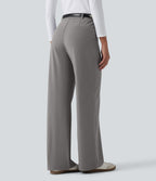 Wrinkle Recovery High Waisted Straight Leg Pleated Work Trousers with Pockets — Silent Storm — view 2