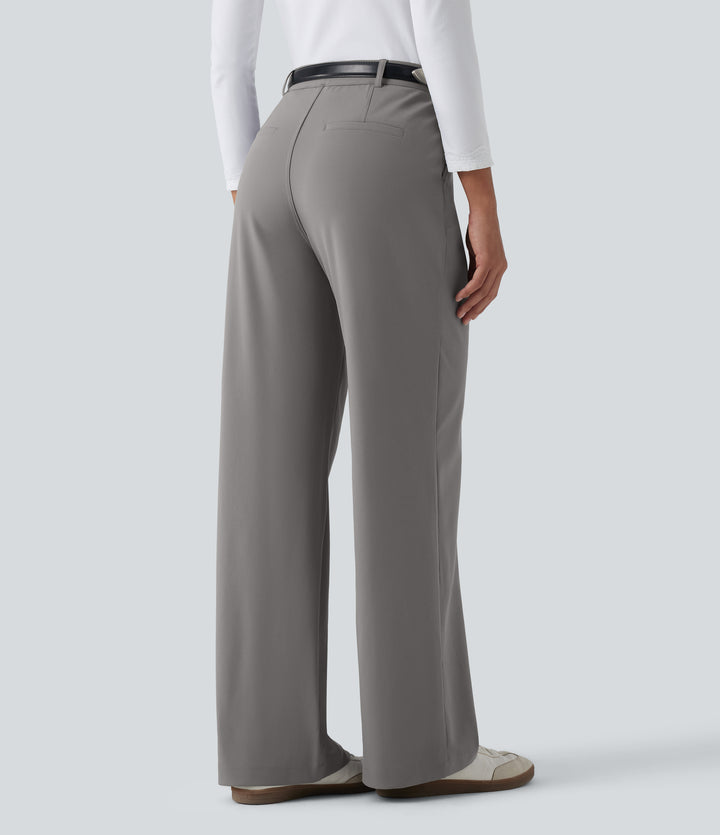 Wrinkle Recovery High Waisted Straight Leg Pleated Work Trousers with Pockets — Silent Storm — view 2