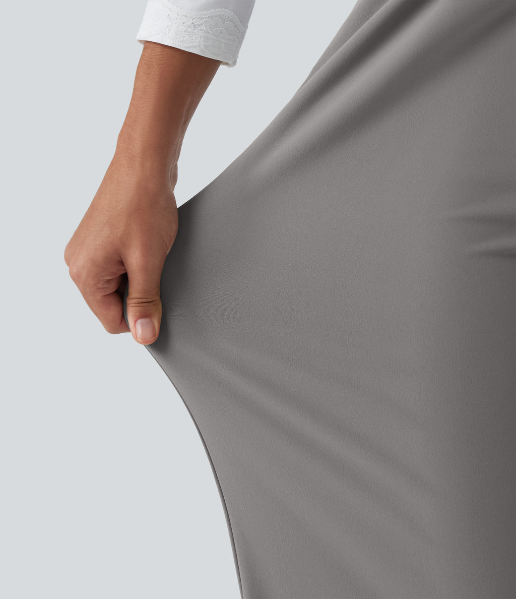 Wrinkle Recovery High Waisted Straight Leg Pleated Work Trousers with Pockets — Silent Storm — view 8