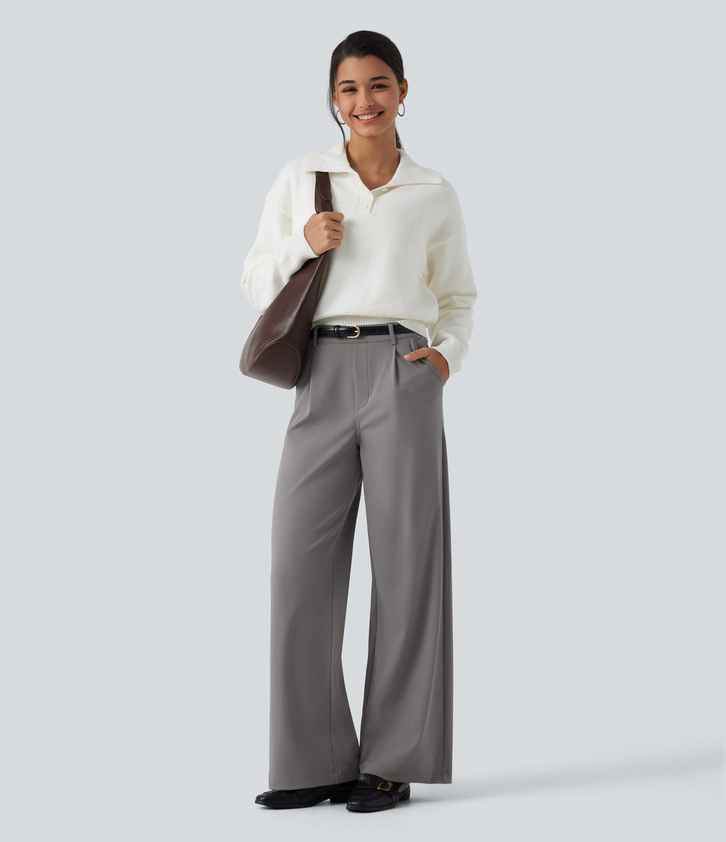 Wrinkle Recovery High Waisted Straight Leg Pleated Work Trousers with Pockets — Silent Storm — view 4