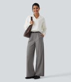 Wrinkle Recovery High Waisted Straight Leg Pleated Work Trousers with Pockets — Silent Storm — view 4