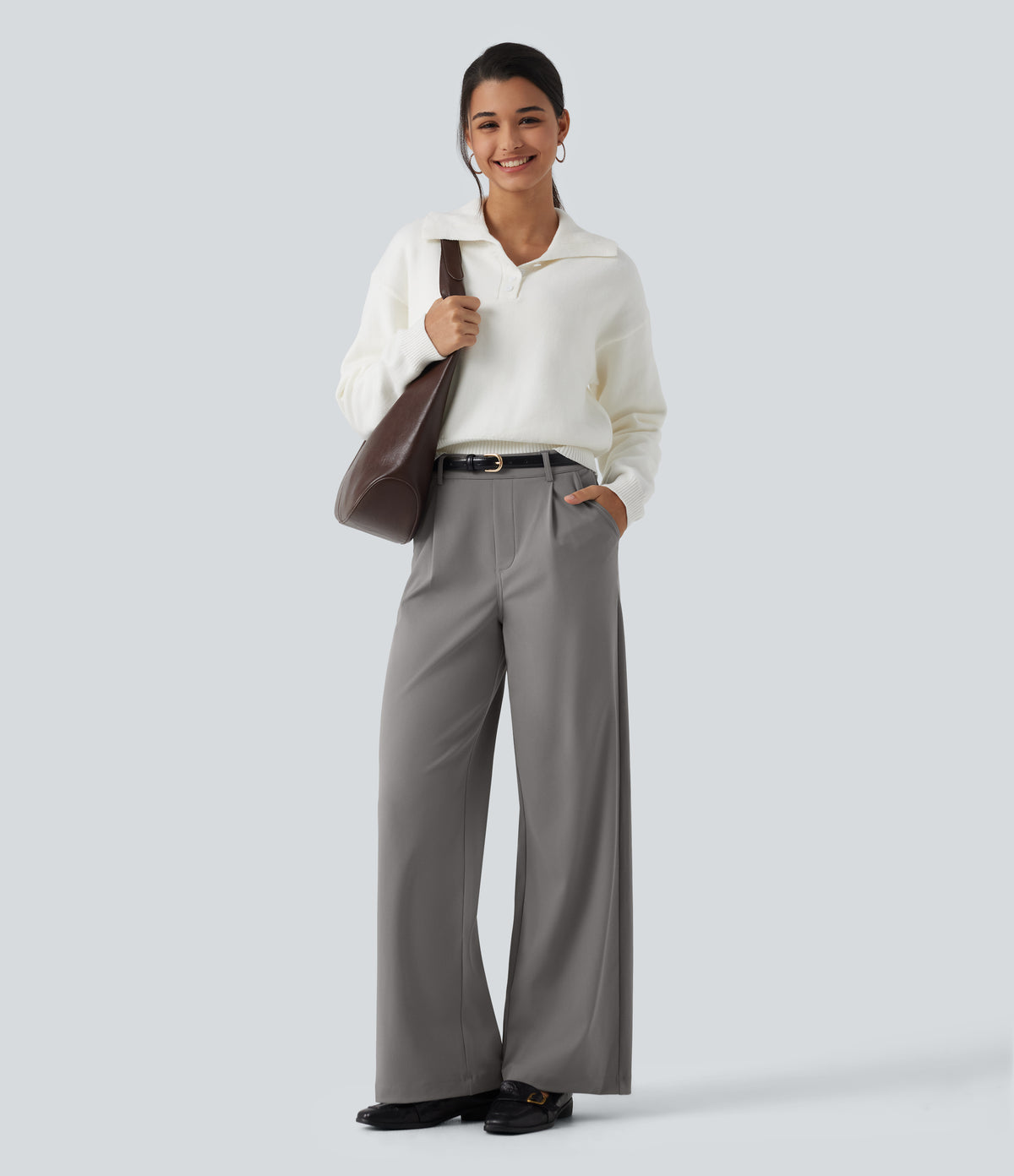 Wrinkle Recovery High Waisted Straight Leg Pleated Work Trousers with Pockets — Silent Storm — view 4
