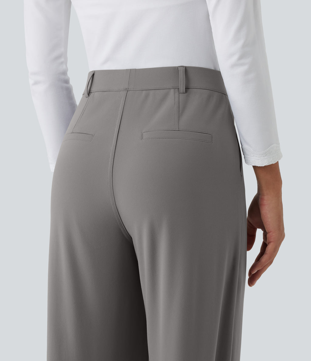 Wrinkle Recovery High Waisted Straight Leg Pleated Work Trousers with Pockets — Silent Storm — view 6