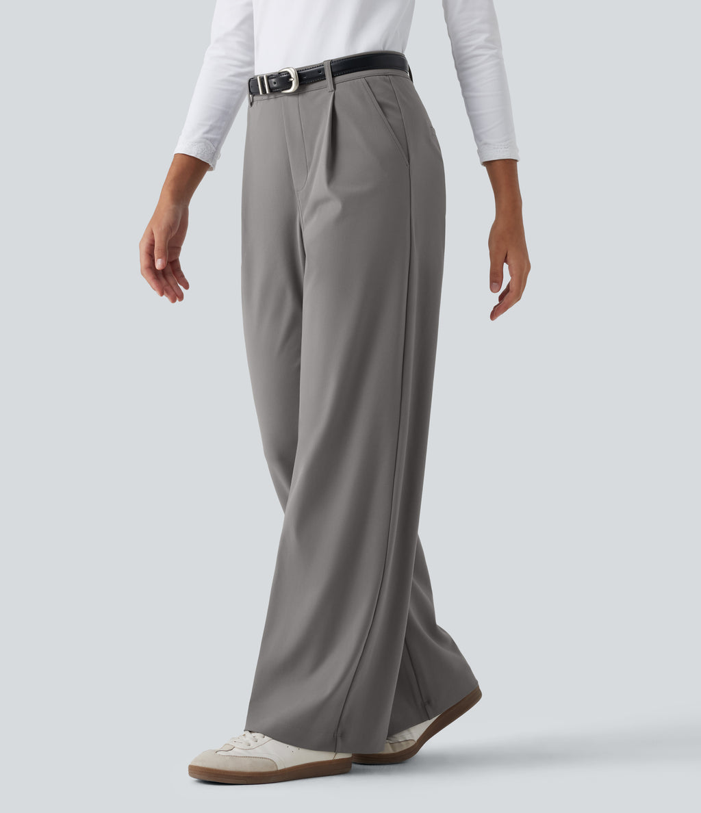 Wrinkle Recovery High Waisted Straight Leg Pleated Work Trousers with Pockets — Silent Storm — view 3