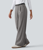Wrinkle Recovery High Waisted Straight Leg Pleated Work Trousers with Pockets — Silent Storm — view 3