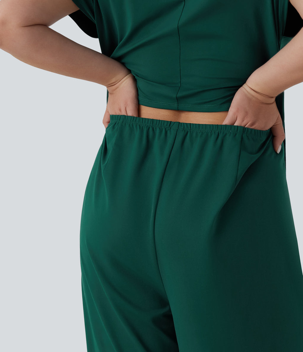 Plus Size V Neck Short Sleeve Wide Leg Casual Jumpsuit with Pockets-Edition — Rain Forest — view 4