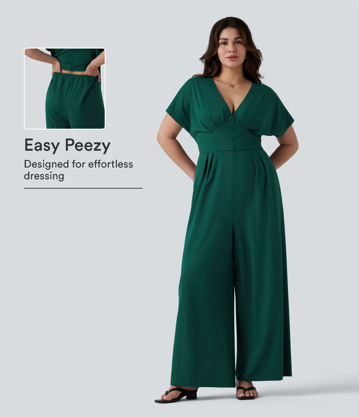Plus Size V Neck Short Sleeve Wide Leg Casual Jumpsuit with Pockets-Edition — Rain Forest — view 1
