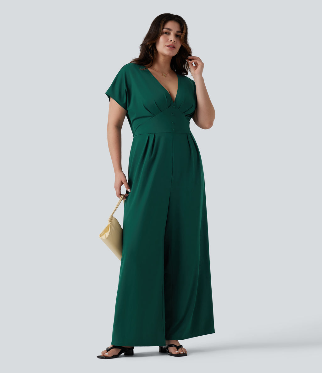 Plus Size V Neck Short Sleeve Wide Leg Casual Jumpsuit with Pockets-Edition — Rain Forest — view 7