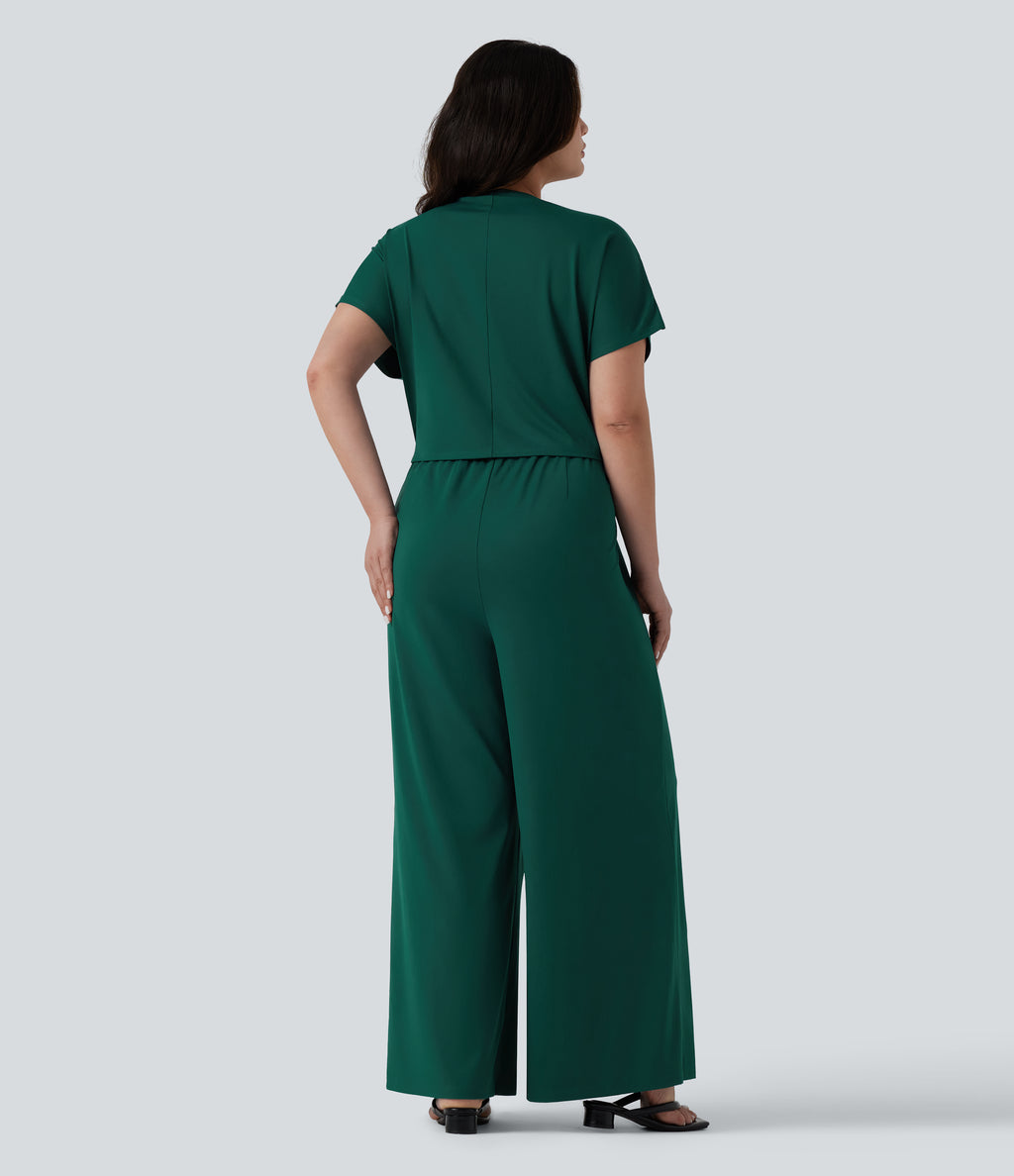 Plus Size V Neck Short Sleeve Wide Leg Casual Jumpsuit with Pockets-Edition — Rain Forest — view 2