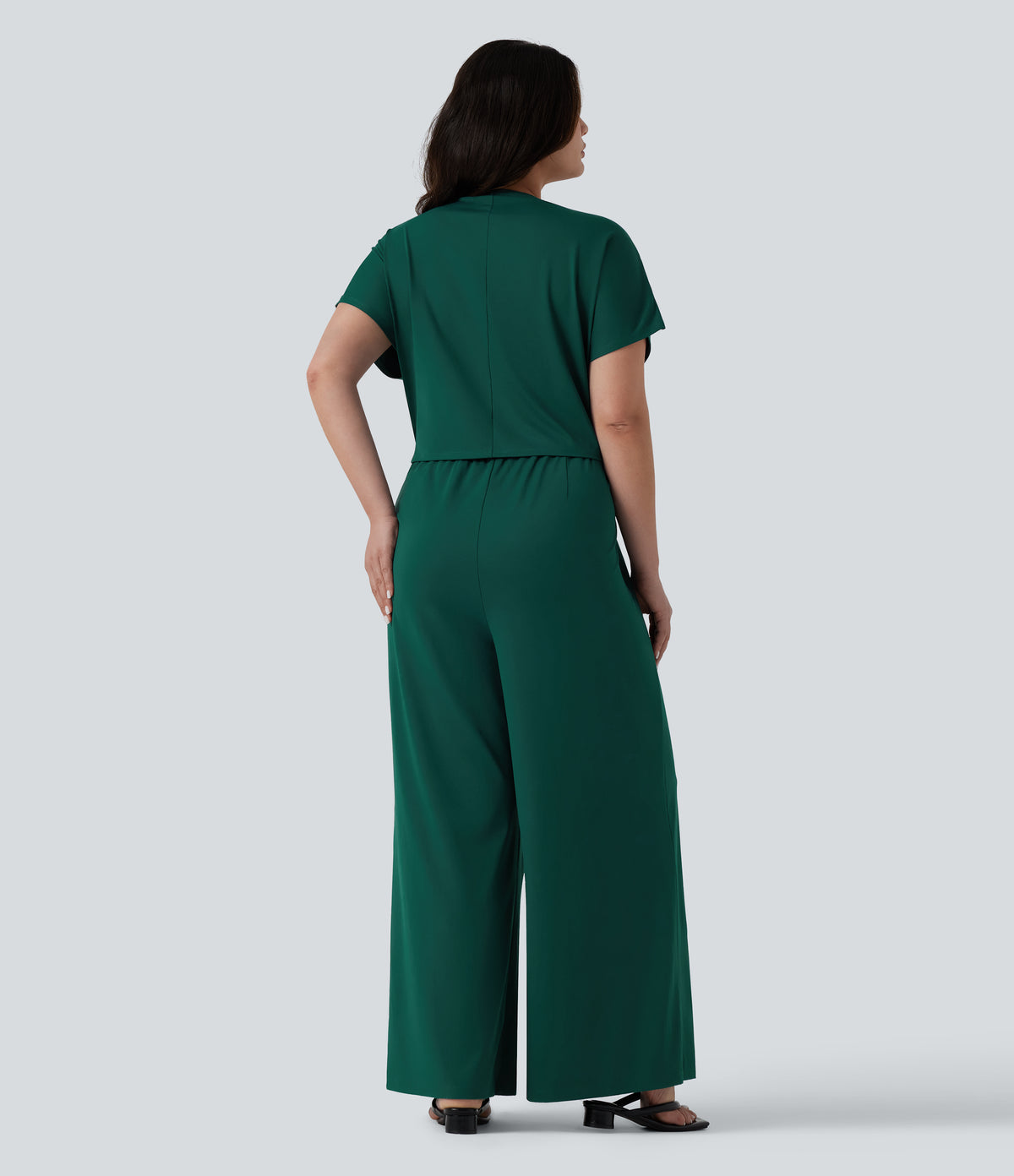 Plus Size V Neck Short Sleeve Wide Leg Casual Jumpsuit with Pockets-Edition — Rain Forest — view 2