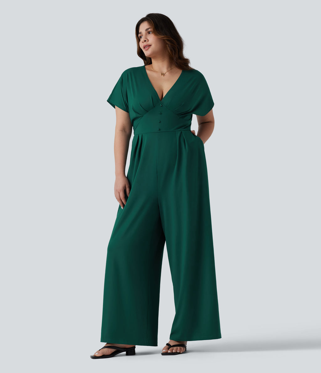 Plus Size V Neck Short Sleeve Wide Leg Casual Jumpsuit with Pockets-Edition — Rain Forest — view 3