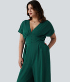 Plus Size V Neck Short Sleeve Wide Leg Casual Jumpsuit with Pockets-Edition — Rain Forest — view 5