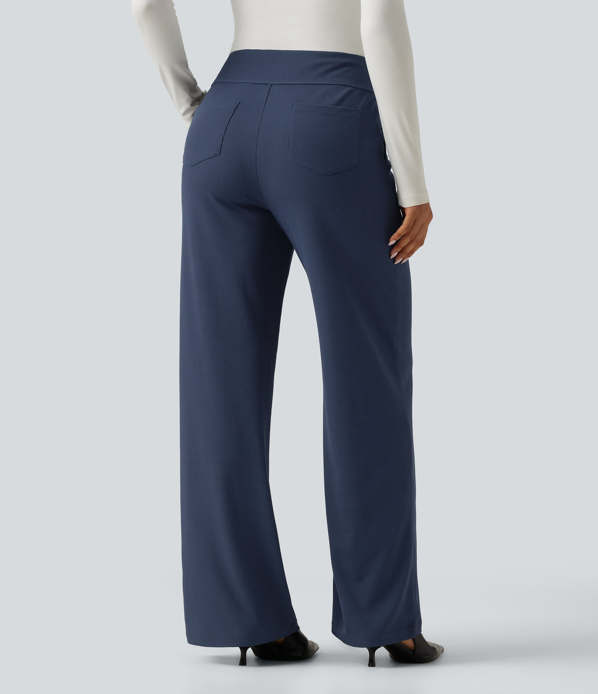 High Waisted Wide Leg Waffle Work Trousers with Pockets — Harbor Ink — view 2
