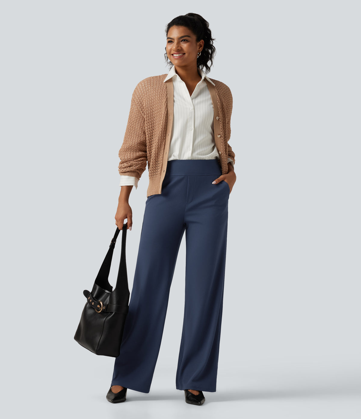 High Waisted Wide Leg Waffle Work Trousers with Pockets — Harbor Ink — view 6