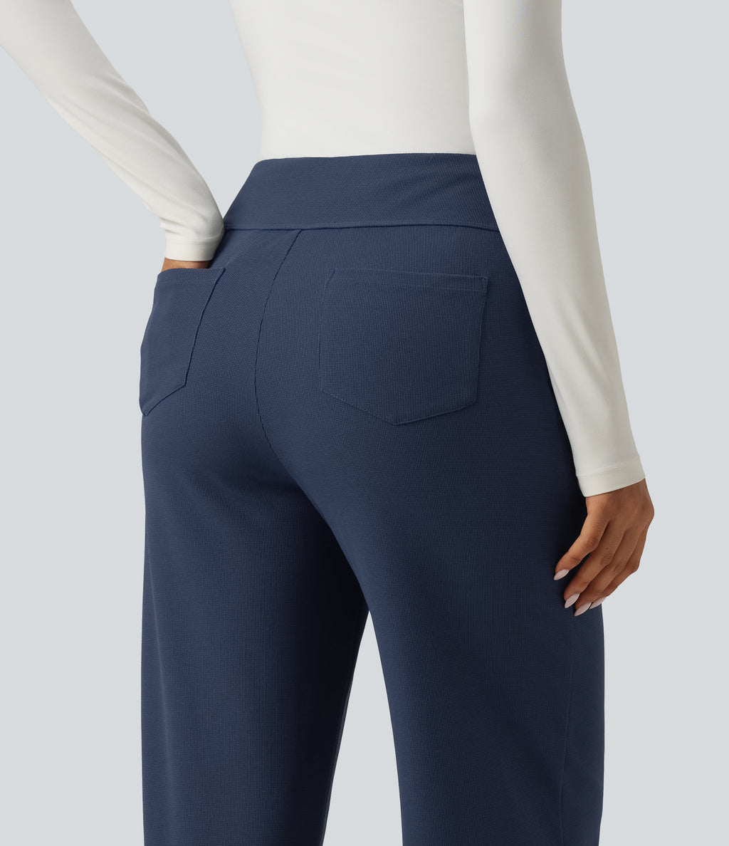High Waisted Wide Leg Waffle Work Trousers with Pockets — Harbor Ink — view 5