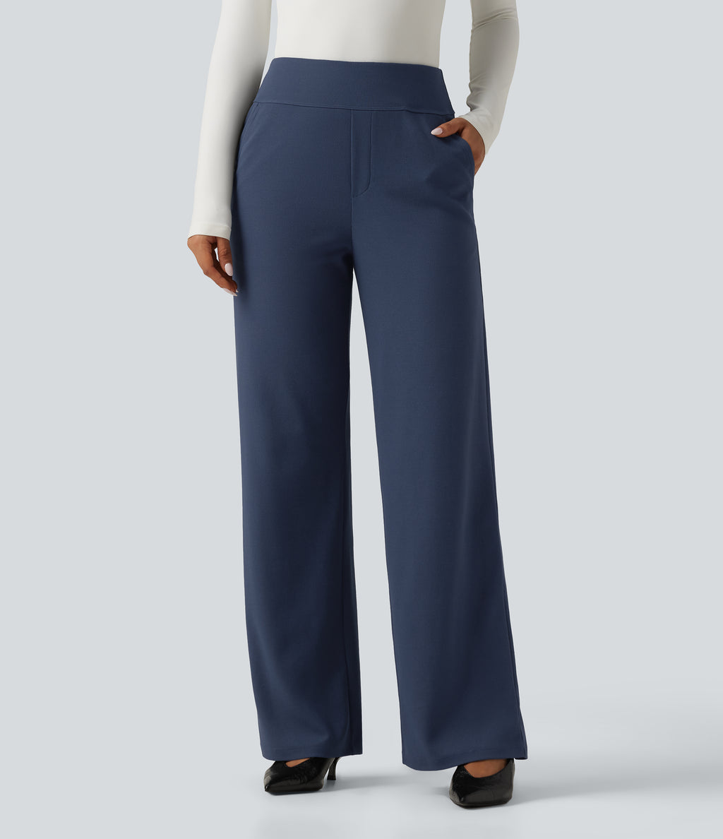 High Waisted Wide Leg Waffle Work Trousers with Pockets — Harbor Ink — view 1