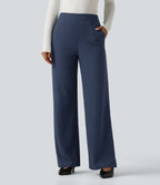 High Waisted Wide Leg Waffle Work Trousers with Pockets — Harbor Ink — view 1