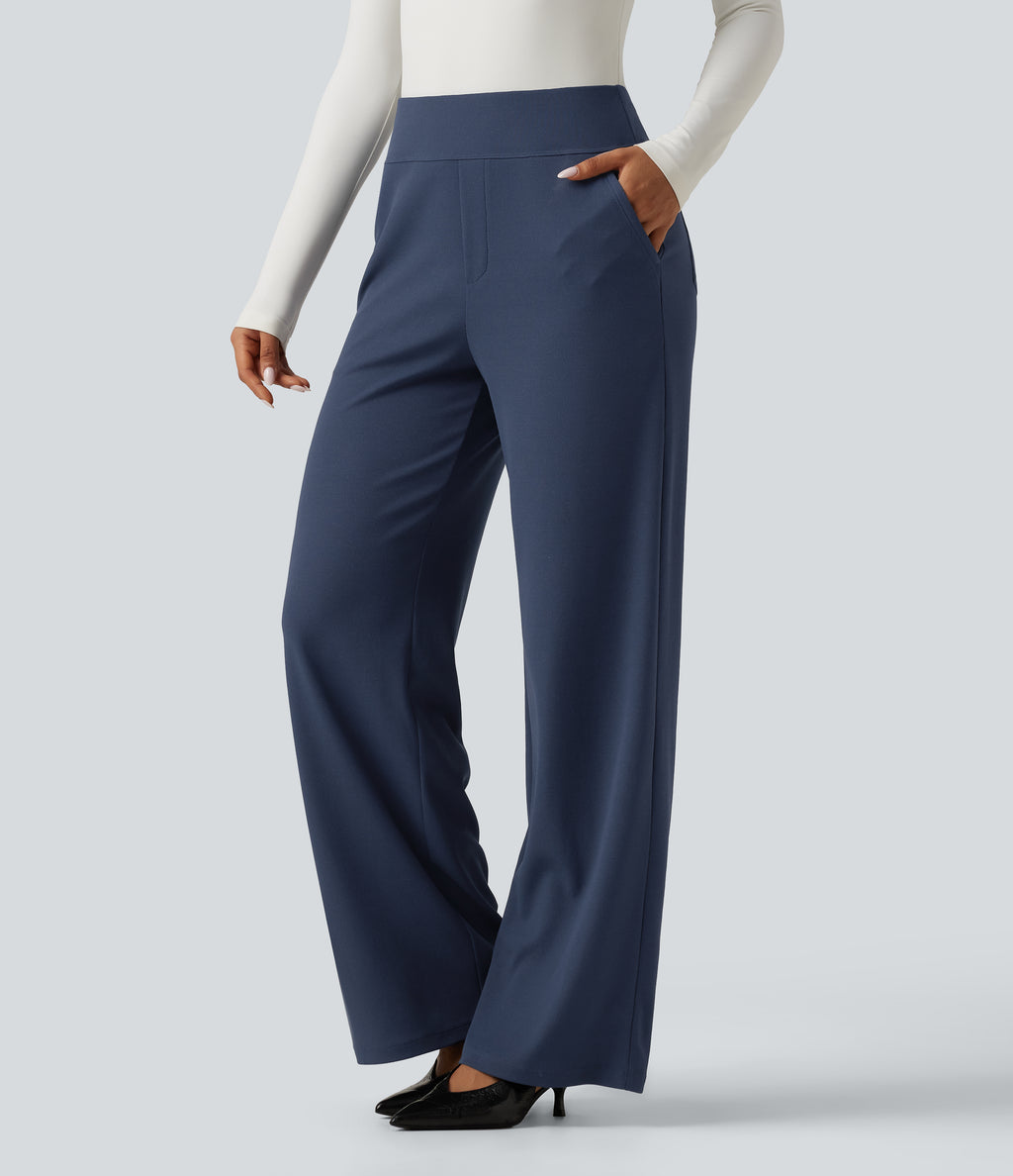 High Waisted Wide Leg Waffle Work Trousers with Pockets — Harbor Ink — view 3